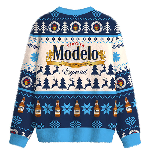 Uglysweatershops Retro Cerveza Winter Scene Fuzzy Christmas Ugly Sweatshirt