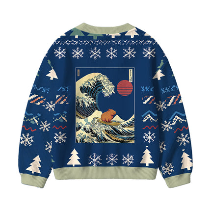 Uglysweatershops Capybara Surfing Kids Ugly Cardigan Sweater