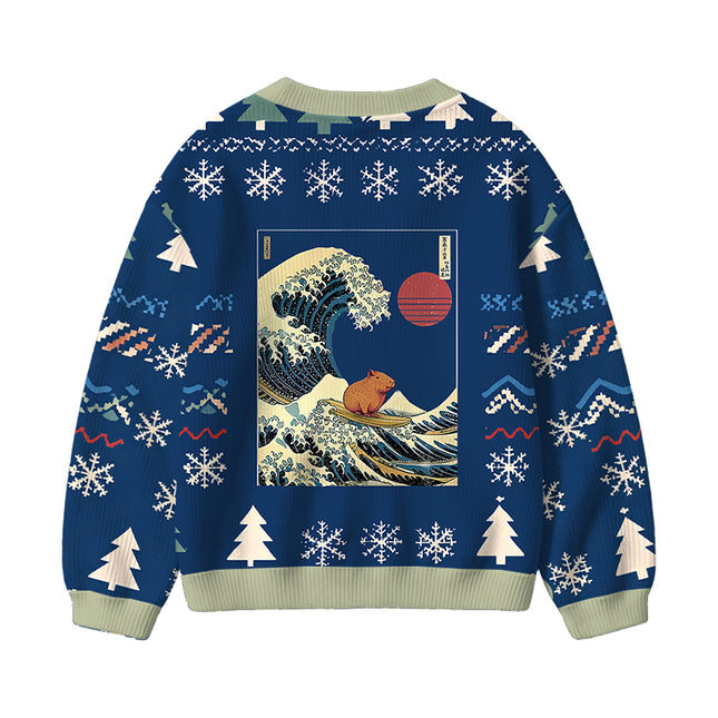 Uglysweatershops Capybara Surfing Kids Ugly Cardigan Sweater