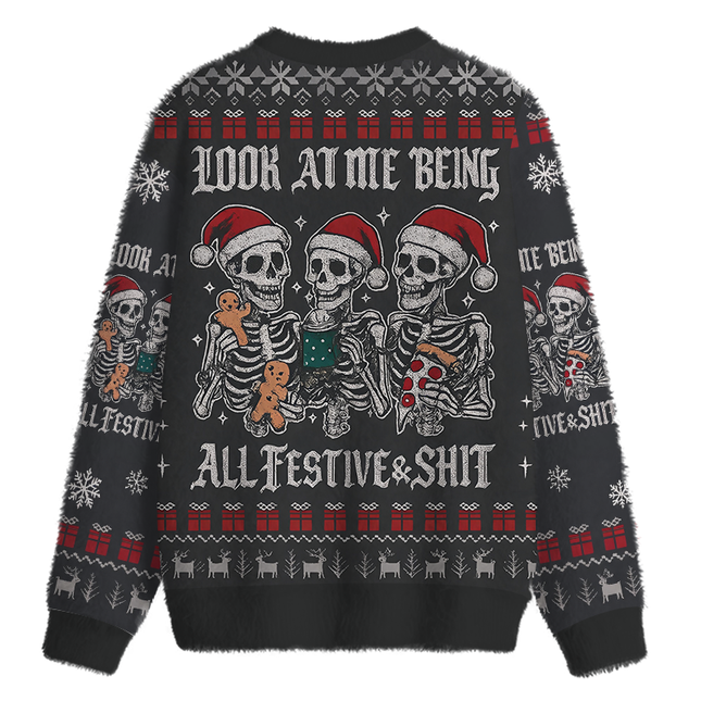 Uglysweatershops Look at Me Being Festive Skeleton Fuzzy Christmas Ugly Sweatshirt