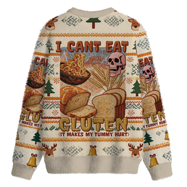 Uglysweatershops I Can't Eat Gluten Funny Meme Fuzzy Christmas Ugly Sweatshirt