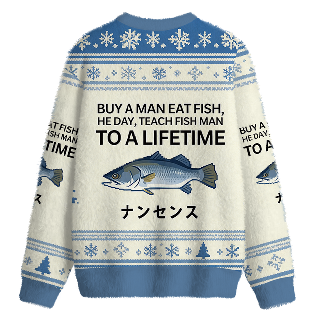 Uglysweatershops Buy a Man Eat Fish Fuzzy Christmas Ugly Sweatshirt