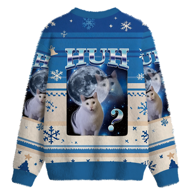 Uglysweatershops Huh Cat Funny Dank Meme Moon Fuzzy Christmas Ugly Sweatshirt