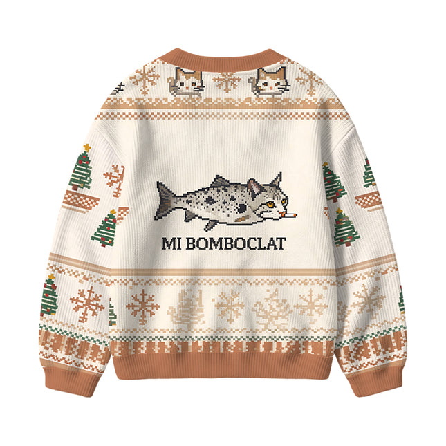 Uglysweatershops Bomboclat Fish Cat Meme Kids Ugly Cardigan Sweater