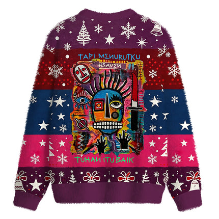 Uglysweatershops Primitive Chaos Abstract Face Fuzzy Christmas Ugly Sweatshirt