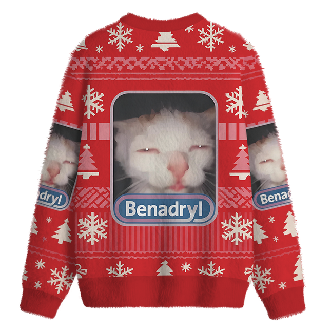 Uglysweatershops Red Psychedelic Cat Fuzzy Christmas Ugly Sweatshirt