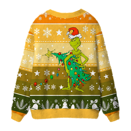 Uglysweatershops Christmas Tree Sneaky Thief Fuzzy Ugly Cardigan Sweatshirt