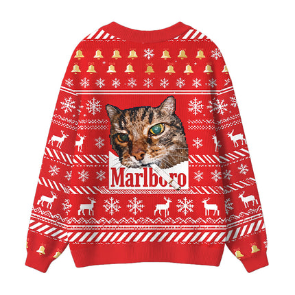Uglysweatershops Red Funny Smoking Cat Meme Ugly Cardigan Sweater