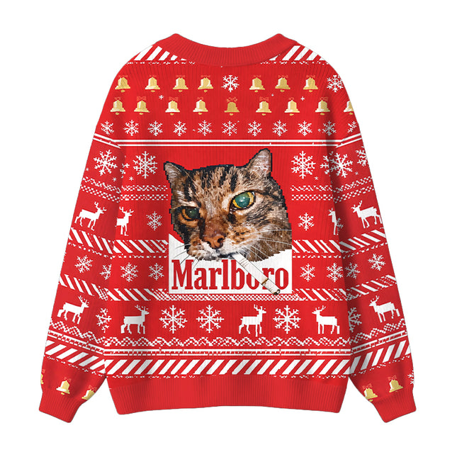 Uglysweatershops Red Funny Smoking Cat Meme Ugly Cardigan Sweater