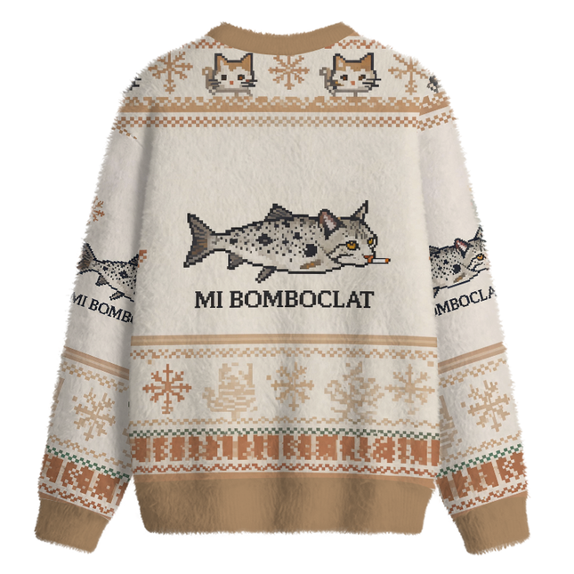 Uglysweatershops Bomboclat Fish Cat Meme Fuzzy Christmas Ugly Sweatshirt