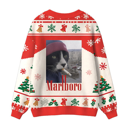 Uglysweatershops Red Smoking Cat Meme Ugly Cardigan Sweater