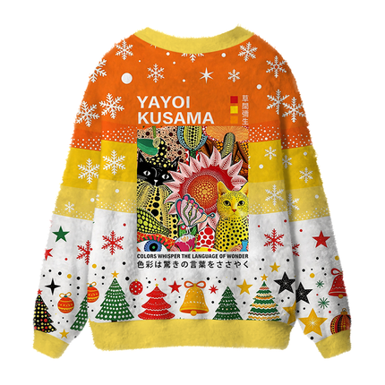 Uglysweatershops Cats and Flowers Fuzzy Ugly Cardigan Sweatshirt