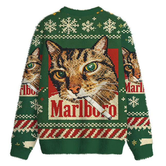 Uglysweatershops Funny Smoking Cat Green Fuzzy Christmas Ugly Sweatshirt