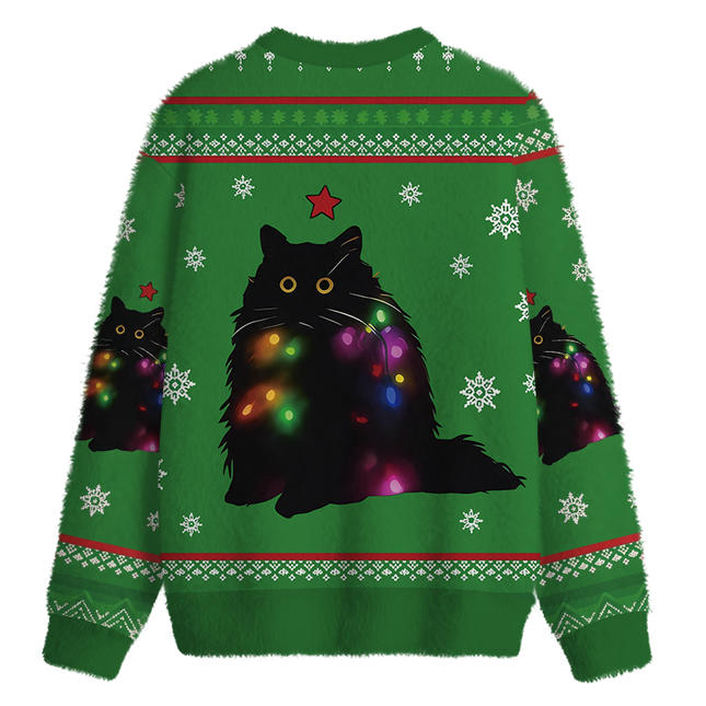 Uglysweatershops Lights Cat Green Fuzzy Christmas Ugly Sweatshirt