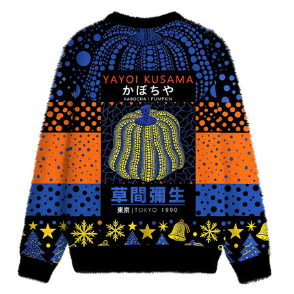 Uglysweatershops Art Navy Yellow Pumpkin Fuzzy Christmas Ugly Sweatshirt