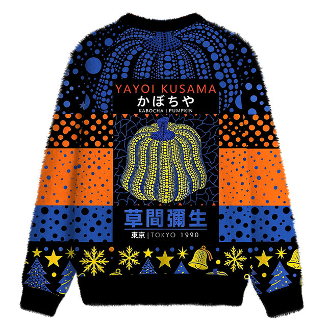 Uglysweatershops Art Navy Yellow Pumpkin Fuzzy Christmas Ugly Sweatshirt