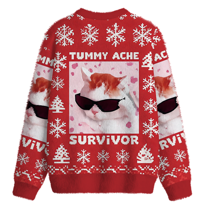 Uglysweatershops Tummy Ache Survivor Funny Cat Meme Fuzzy Christmas Ugly Sweatshirt