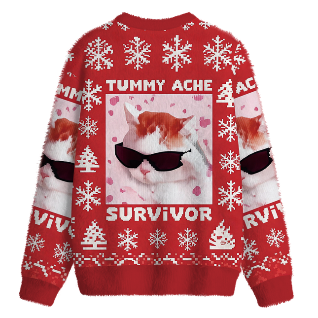 Uglysweatershops Tummy Ache Survivor Funny Cat Meme Fuzzy Christmas Ugly Sweatshirt