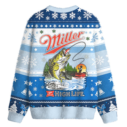 Uglysweatershops High Life Bass Fishing Fuzzy Christmas Ugly Sweatshirt