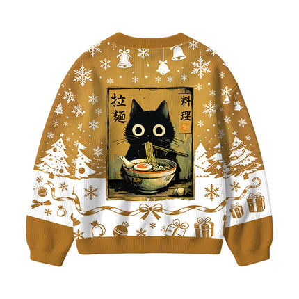 Uglysweatershops Cute Black Cat Eating Ramen Kids Ugly Cardigan Sweater