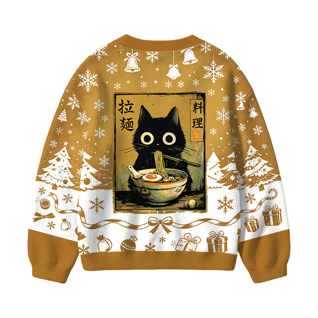 Uglysweatershops Cute Black Cat Eating Ramen Kids Ugly Cardigan Sweater