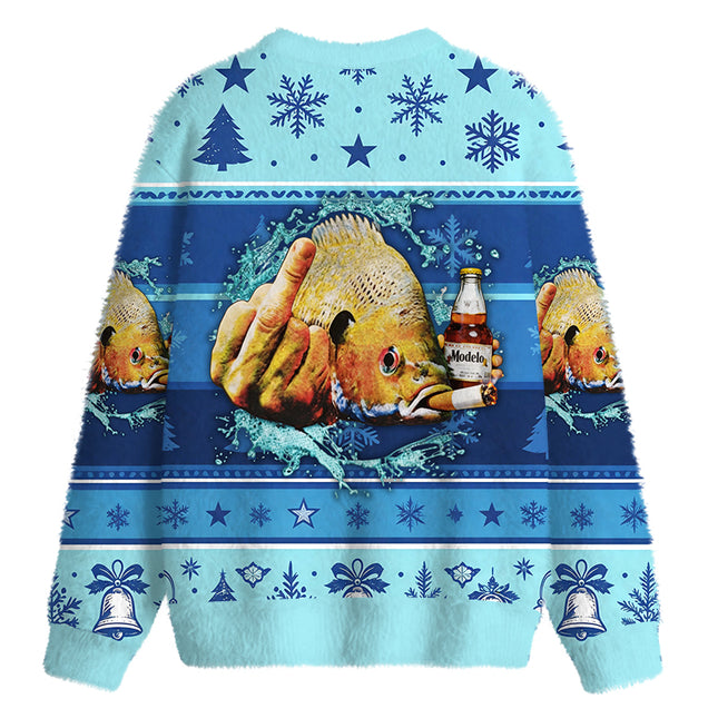 Uglysweatershops Vintage Freshwater Fish Fuzzy Christmas Ugly Sweatshirt