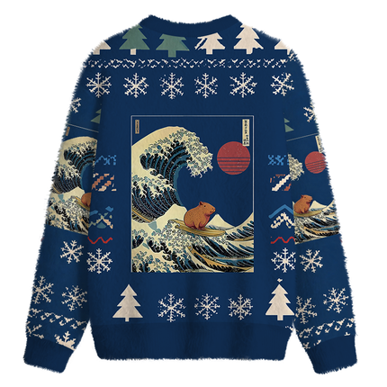 Uglysweatershops Capybara Surfing Fuzzy Christmas Ugly Sweatshirt