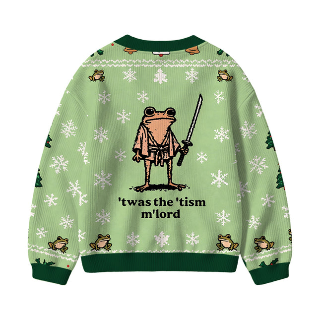 Uglysweatershops Focused Samurai Frog Kids Ugly Cardigan Sweater