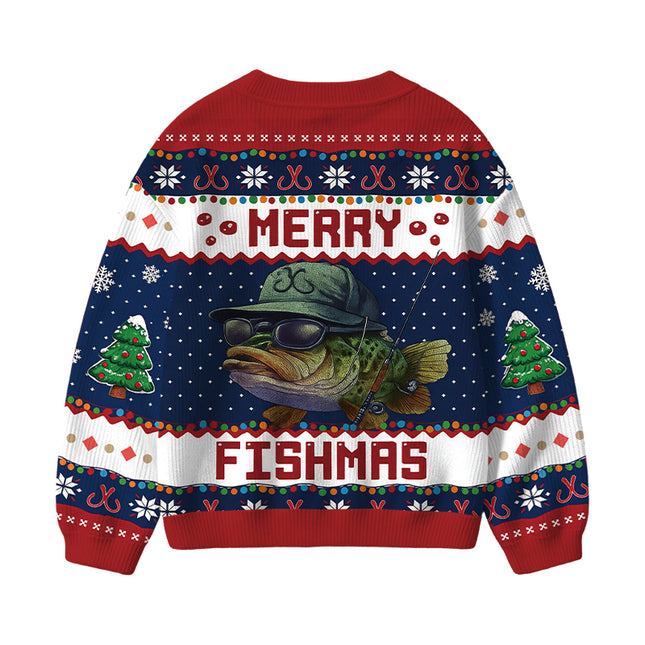 Uglysweatershops Merry Fishmas Kids Ugly Cardigan Sweater