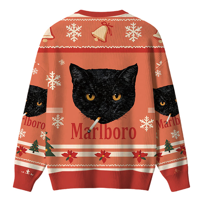 Uglysweatershops Smoking Black Cat Vintage Christmas Ugly Sweater