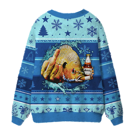 Uglysweatershops Vintage Freshwater Fish Fuzzy Ugly Cardigan Sweatshirt
