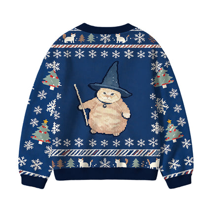 Uglysweatershops Wizard Cat Funny Kids Ugly Cardigan Sweater