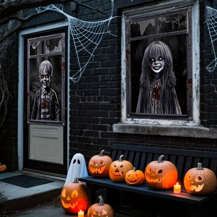 Uglysweatershops Halloween 2-Piece Horror Ghost Window Decoration Door Curtain