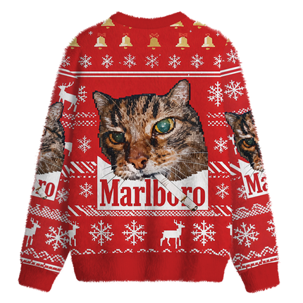 Uglysweatershops Red Funny Smoking Cat Meme Fuzzy Christmas Ugly Sweatshirt