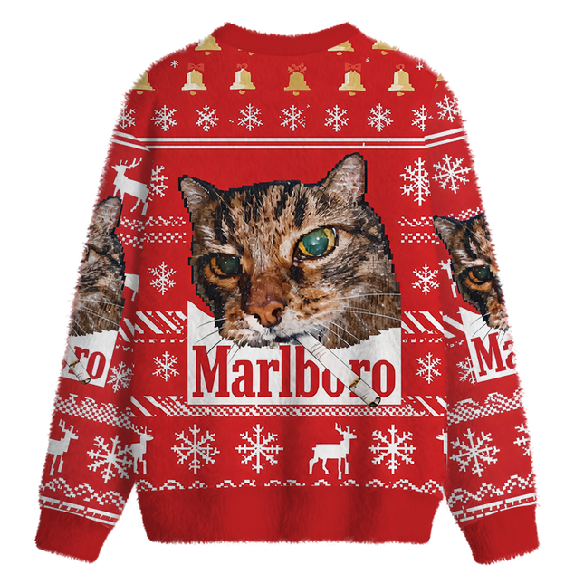 Uglysweatershops Red Funny Smoking Cat Meme Fuzzy Christmas Ugly Sweatshirt