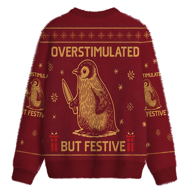 Uglysweatershops Penguin Overstimulated but Festive Fuzzy Christmas Ugly Sweatshirt