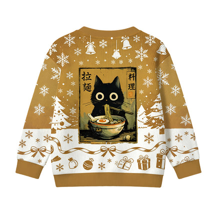 Uglysweatershops Cute Black Cat Eating Ramen Kids Ugly Sweater