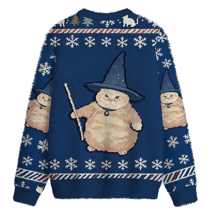 Uglysweatershops Wizard Cat Funny Fuzzy Christmas Ugly Sweatshirt