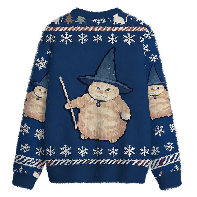 Uglysweatershops Wizard Cat Funny Fuzzy Christmas Ugly Sweatshirt