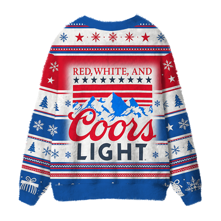 Uglysweatershops Red White Mountain Fuzzy Ugly Cardigan Sweatshirt