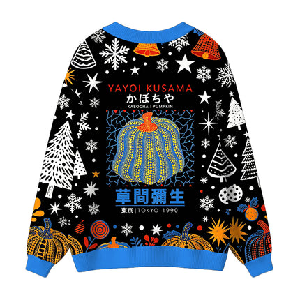 Uglysweatershops Blue Yellow Pumpkin Ugly Cardigan Sweater