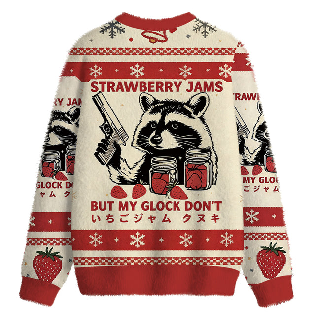 Uglysweatershops Strawberry Jams Raccoon Fuzzy Christmas Ugly Sweatshirt