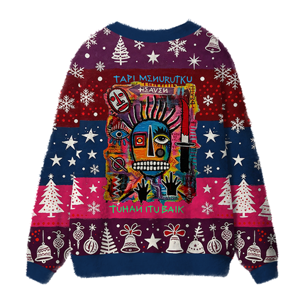 Uglysweatershops Primitive Chaos Abstract Face Fuzzy Ugly Cardigan Sweatshirt