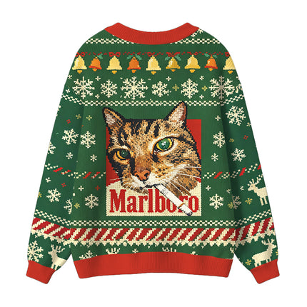 Uglysweatershops Funny Smoking Cat Green Ugly Cardigan Sweater