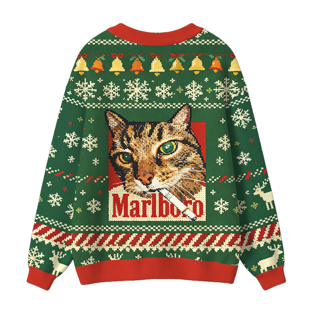 Uglysweatershops Funny Smoking Cat Green Ugly Cardigan Sweater