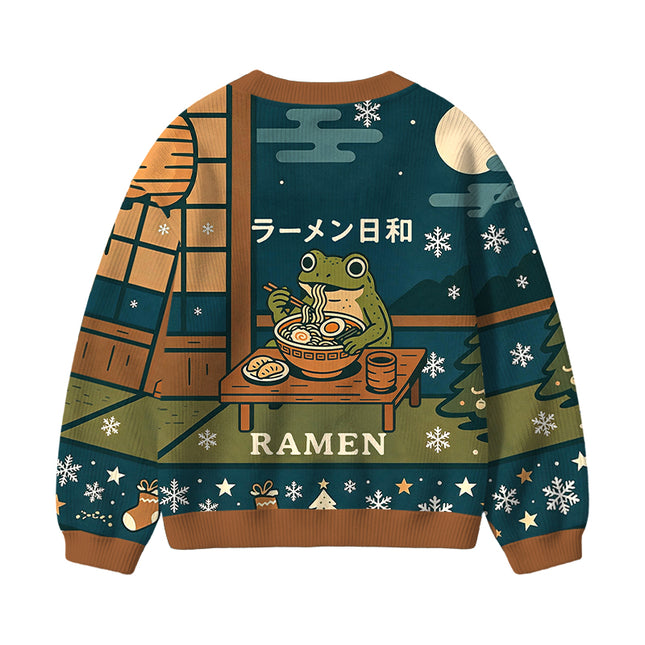 Uglysweatershops Japanese Frog Eating Ramen Kids Ugly Cardigan Sweater