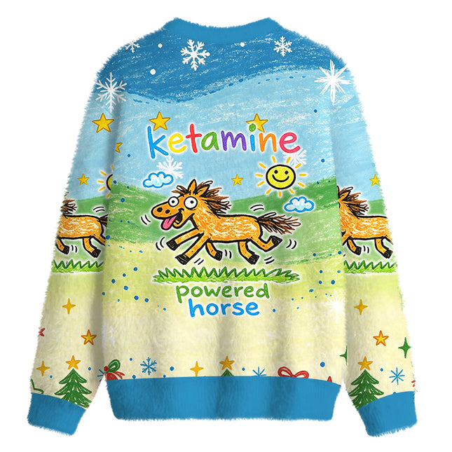 Uglysweatershops Powered Horse Fuzzy Christmas Ugly Sweatshirt