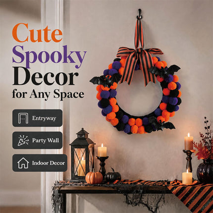 Uglysweatershops Halloween Black Bat Bow Pom-Pom Wreath