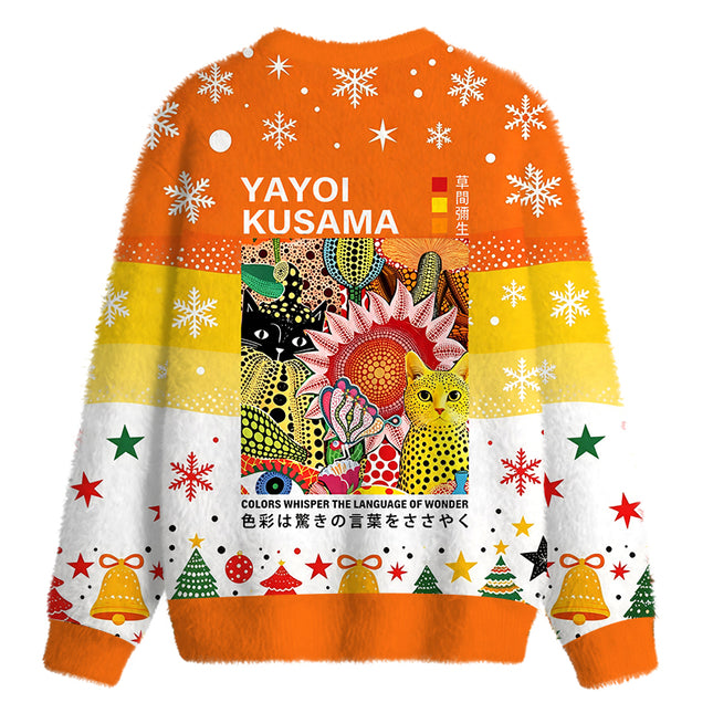 Uglysweatershops Cats and Flowers Fuzzy Christmas Ugly Sweatshirt