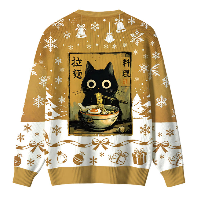 Uglysweatershops Cute Black Cat Eating Ramen Christmas Ugly Sweater